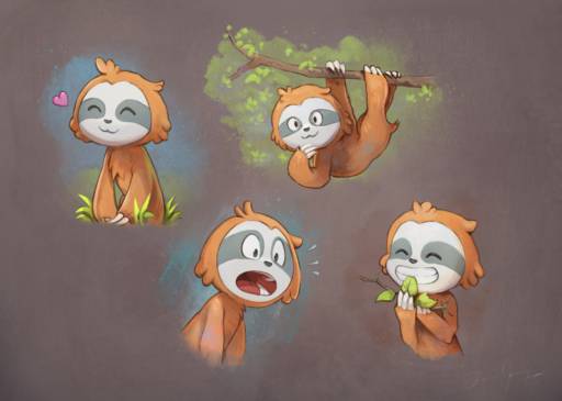 A digital sheet of concept with four time the same character: a tiny cute sloth. First post is happy with a little heart nearby their head. A pose expresses surprise. Another full body pose shows the sloth in a three, curious. Last pose is about the sloth eating leaves and being happy excited about it.